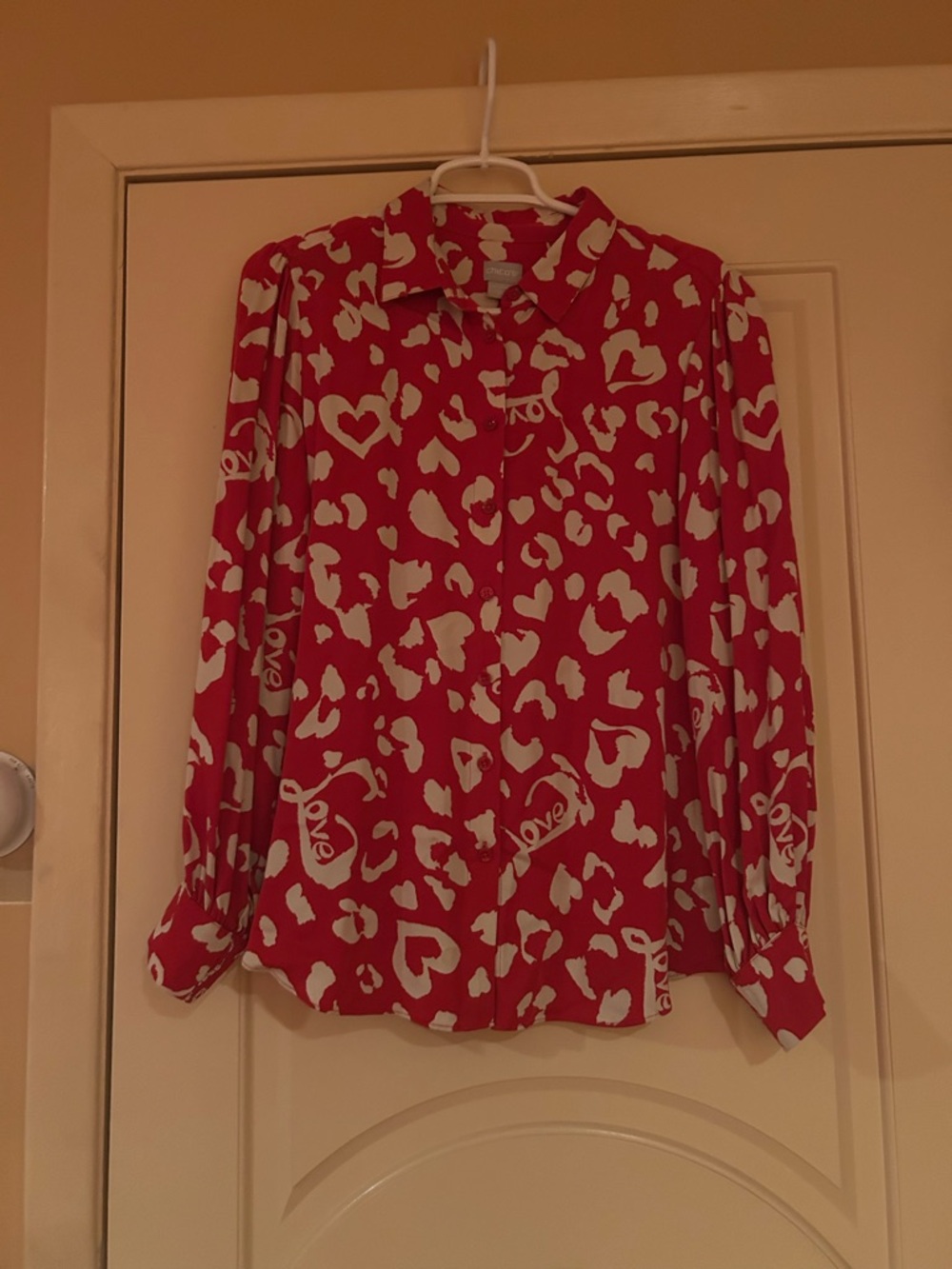 Chico's Red and White Heart Print Button-Down Shirt